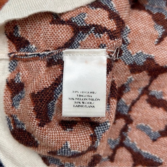 Ann Taylor Leopard Wool Blend Sweater Crew Neck 3/4 Sleeve Navy Brown Cream L - Picture 9 of 10